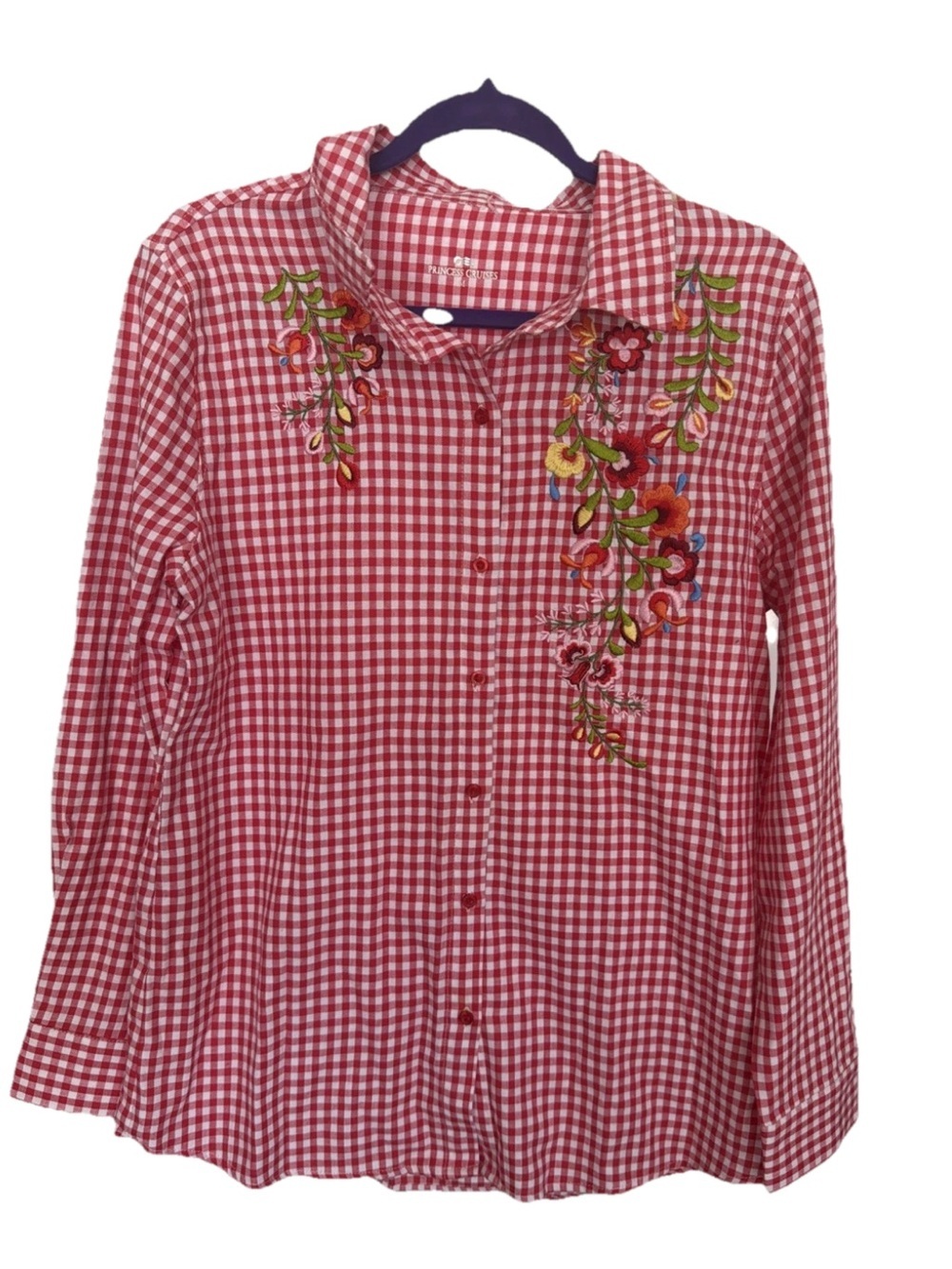 Princess Cruises Red Gingham  Embroidered  Shirt Women's Boho Siz M Long Sleeves